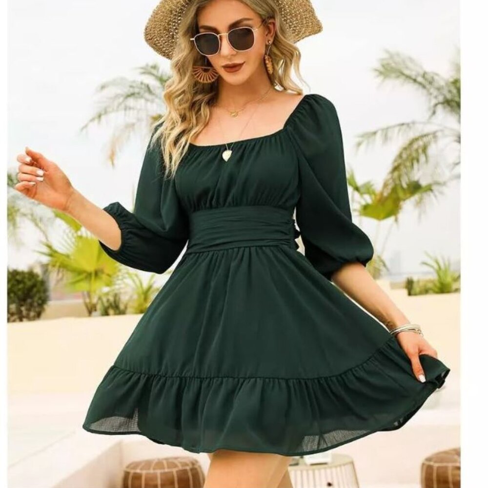 Exlura Romantic Forest Green Smocked Waist A-Line Party Dress
